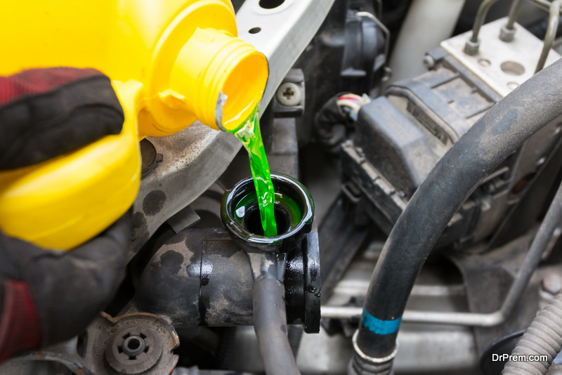 pouring coolant in the vehicle 