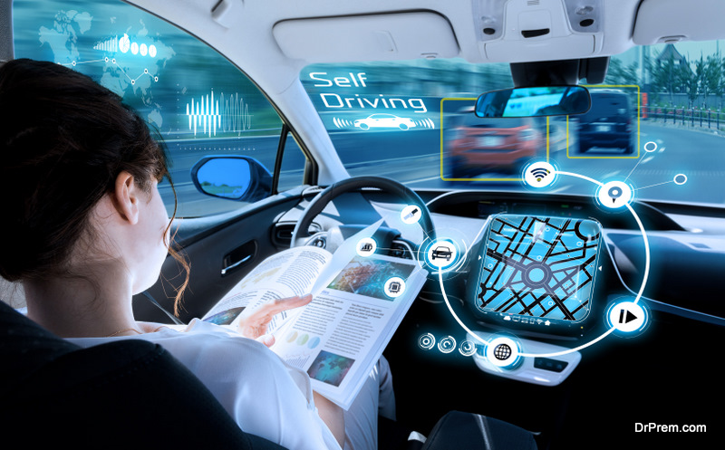 young woman reading a magazine in a autonomous car